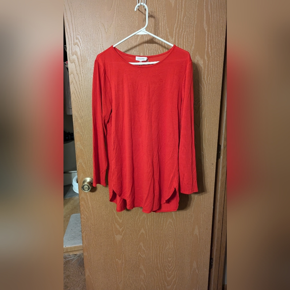 Calvin Klein Red Long Sleeved Crew Neck Top Large